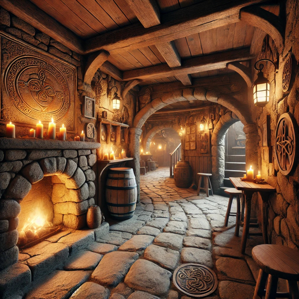 dall·e 2025 12 04 15.43.11 a realistic indoor irish folk journey experience with no musicians present. the scene shows a winding, immersive pathway inside an old stone tavern li