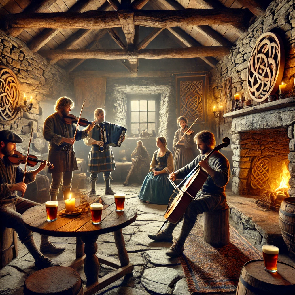dall·e 2025 12 08 15.21.39 a more realistic depiction of an immersive adult irish folk experience inside a rustic stone tavern. the environment should look natural and believabl