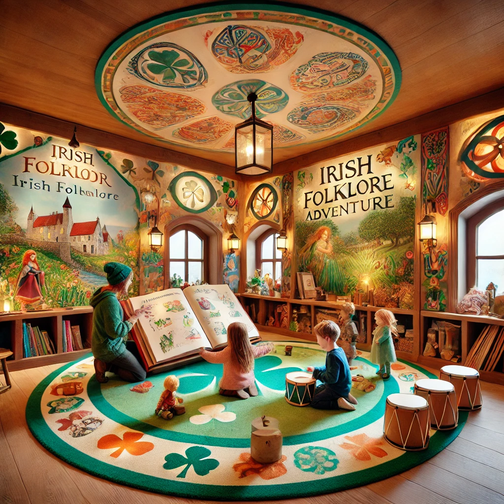dall·e 2025 12 08 15.22.08 a bright, whimsical, child friendly irish folklore adventure space designed to feel interactive and magical. the scene shows a cozy indoor environment