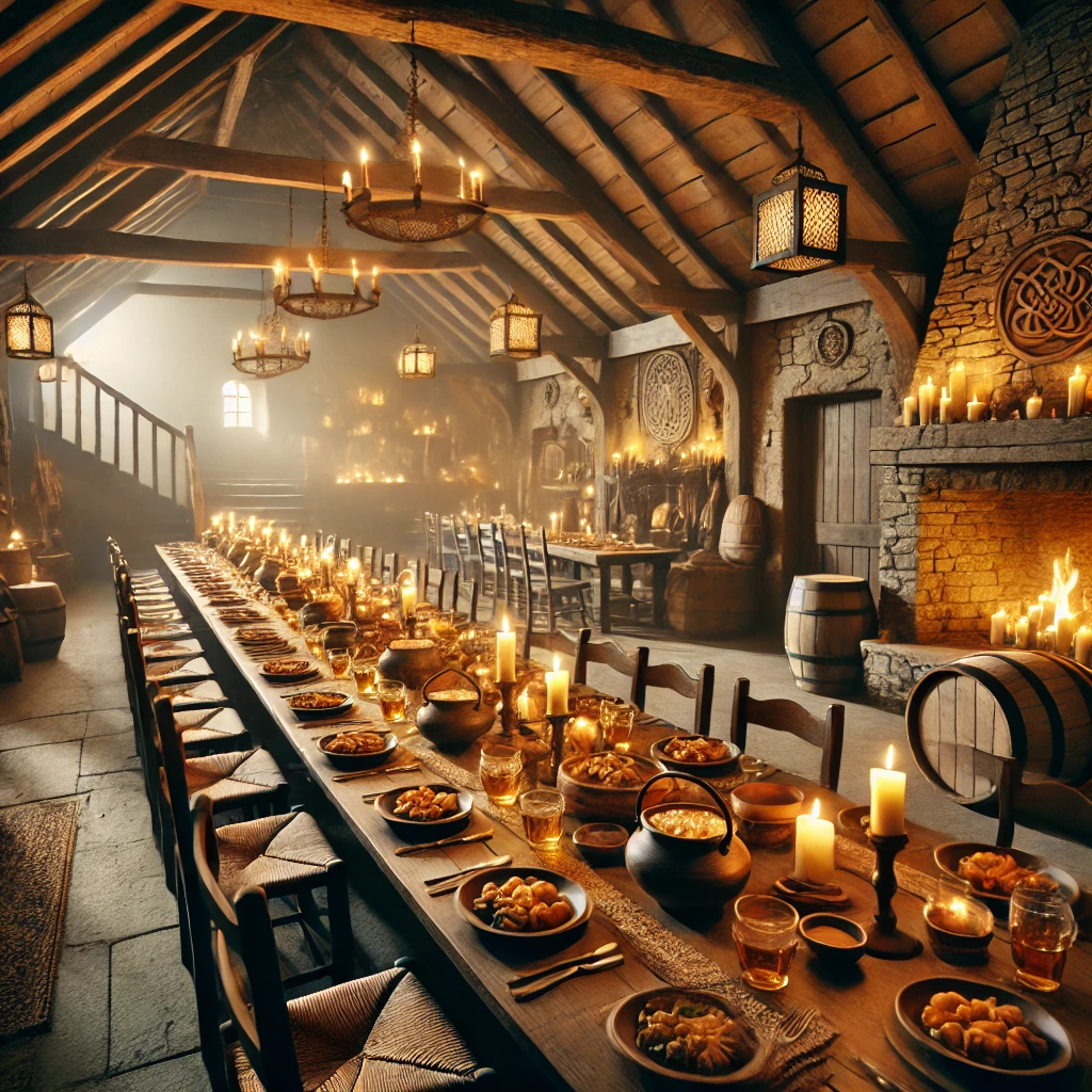 dall·e 2025 12 08 15.23.10 a realistic and atmospheric irish folk banquet hall set for an immersive cultural experience. long wooden tables are arranged with hearty irish dishes